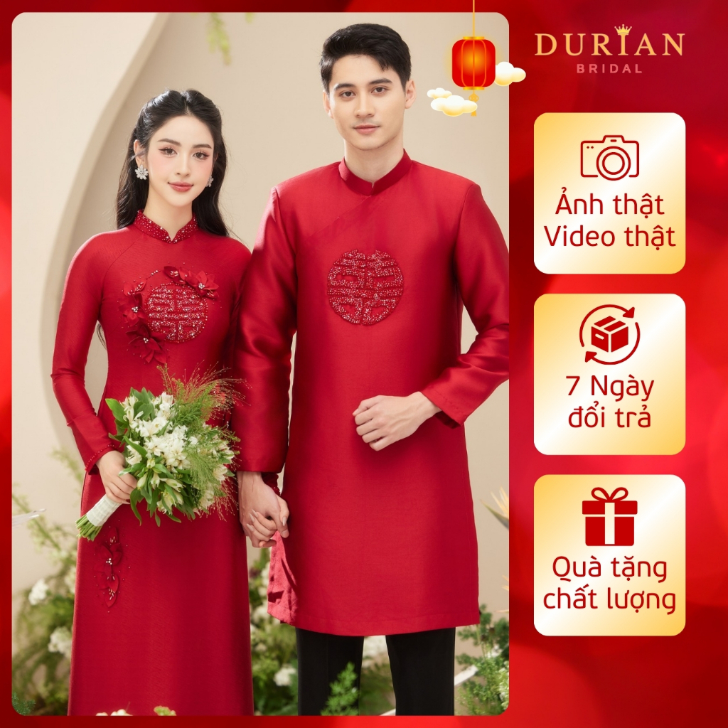 Áo Dài Cô Dâu Chú Rể Cặp Đôi Lụa Vân Gỗ Cao Cấp Áo Dài Cưới Đính Kết Song Hỷ Hạnh Phúc Bền Chặt - Du
