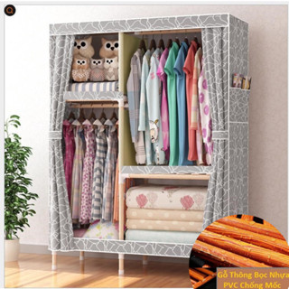 Tủ vải khung gỗ 2 buồng Tủ quần áo lắp ráp , tủ treo quần áo tiện lợi, chất liệu gỗ tự nhiên