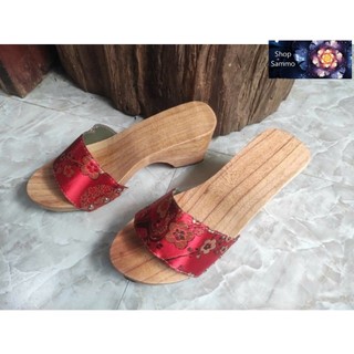 Guốc Gỗ Guốc Mộc Cao 7 Phân Đế Trụ Quai Gấm Lụa ( đế cao su 2 lớp )