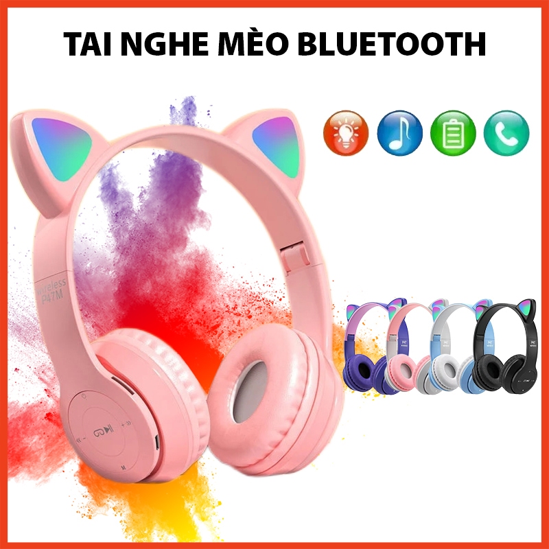  Tai Nghe Mèo Bluetooth P47M Chụp Tai Dễ Thương Có Mic Âm Bass Mạnh Mẽ Nghe Nhạc Hay 