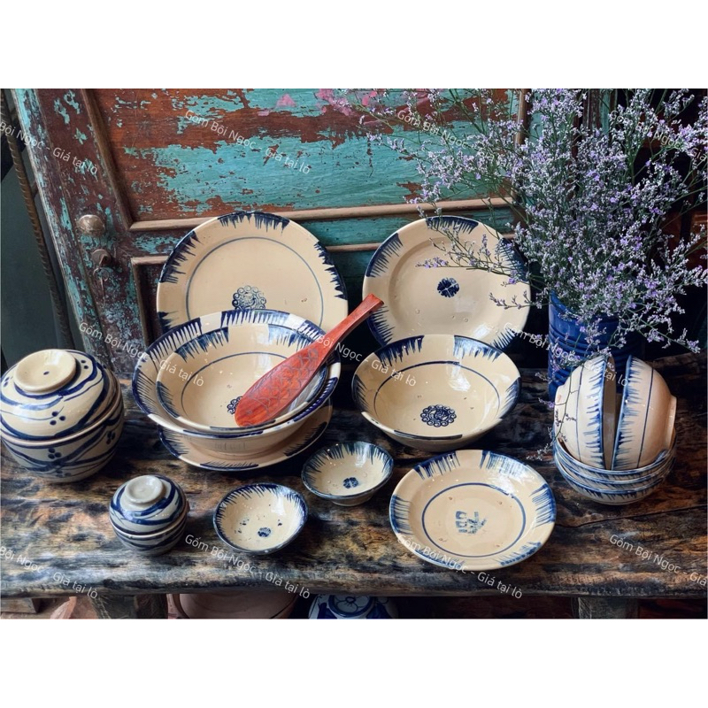 Bộ Chén Dĩa Tô Phết Xanh Nam Bộ - Dành Cho 5 Người - Gốm Lái Thiêu - Gốm Xưa Cho Người Hoài Niệm - Gốm Sứ Nam Bộ