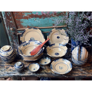 Bộ Chén Dĩa Tô Phết Xanh Nam Bộ - Dành Cho 5 Người - Gốm Lái Thiêu - Gốm Xưa Cho Người Hoài Niệm - Gốm Sứ Nam Bộ