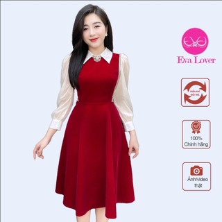 Váy đầm nhung cổ đức phối tay dài voan tơ sang chảnh phong cách tiểu thư tặng kèm phụ kiện Evalover