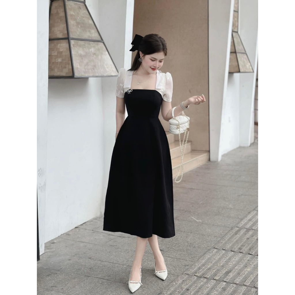 Đầm thiết kế thời trang nữ thanh lịch, sang trọng cho nàng dự tiệc tôn dáng cực xinh,đầm đen dáng xòe dài phối voan thêu