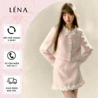 Set Váy Dạ Cổ Tròn Phối Ren Kèm Nơ Trắng Buộc ooCổ Màu Hồng Sang Trọng, Thanh Lịch Léna By Nhithuy