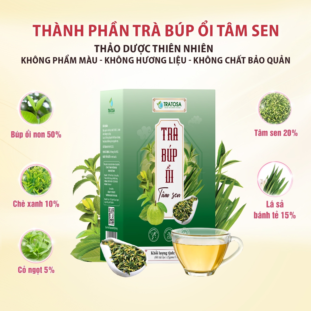 MUA 3 TẶNG 1 - Trà búp ổi tâm sen  5 vị giúp giảm cân, tiêu mỡ nhanh, sáng da, đẹp da, ngăn ngừa lão hóa an toàn TRATOSA