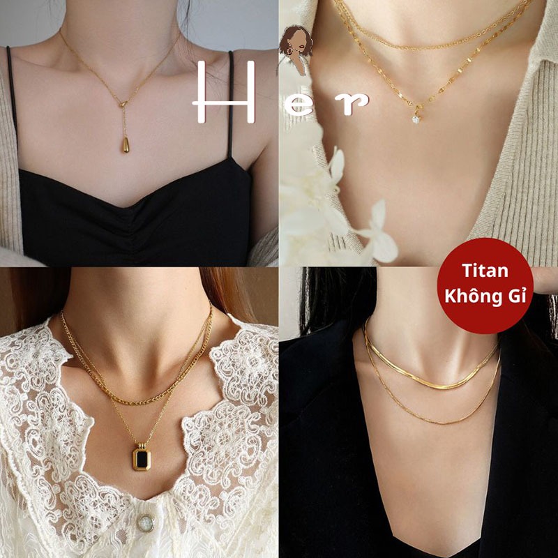 Vòng cổ nữ titan không gỉ cao cấp, Dây chuyền xích mạ vàng 2 tầng cá tính độc đáo Her Accessories