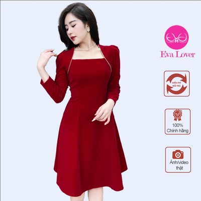 Váy đầm nhung cổ U viền  đính đá dáng xòe kiểu dáng sang chảnh lịch sự Evalover