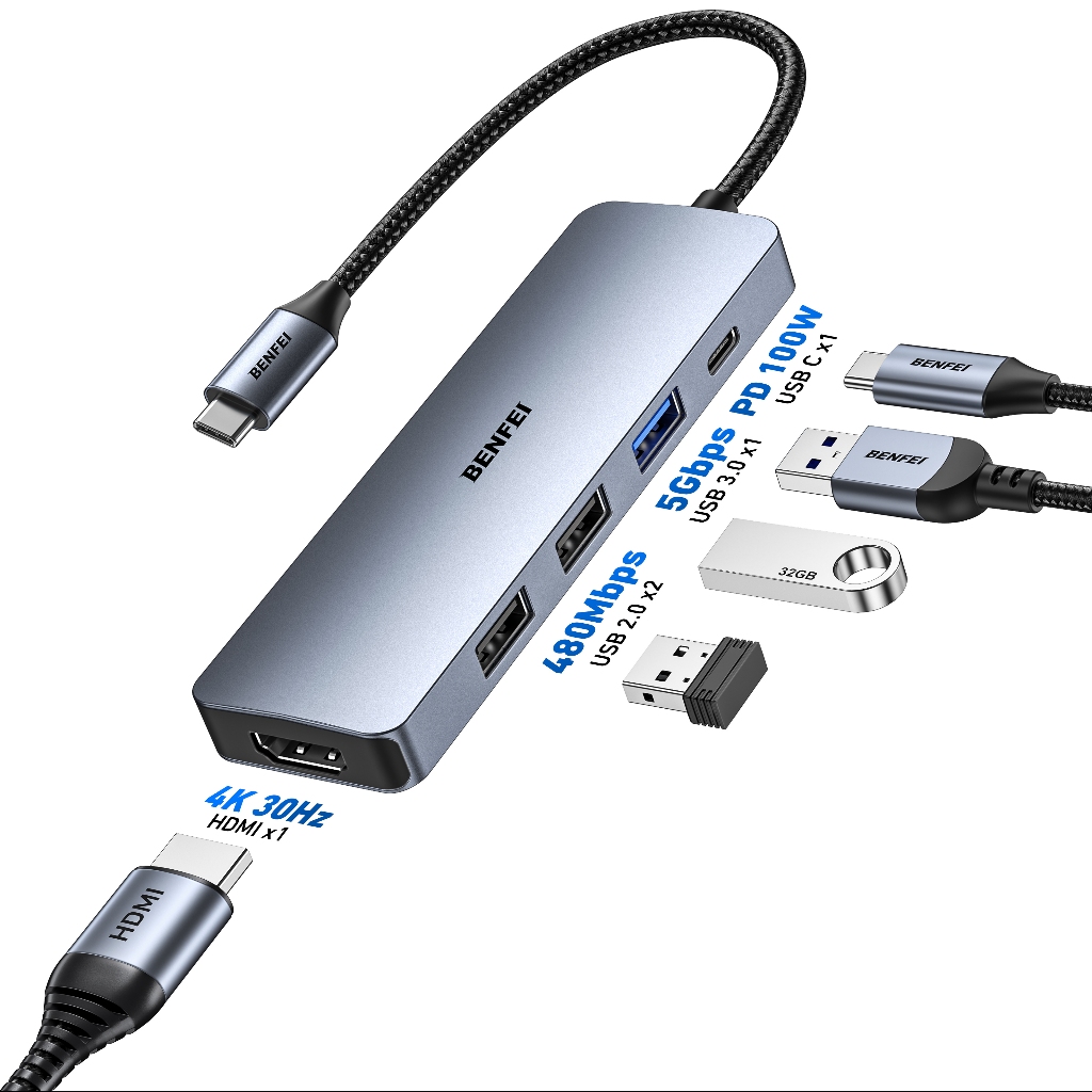 Cáp Chuyển Hub BENFEI Ugreen 5 In 1 USB Type C Sang HDMI + USB 3.0*3 + PD Ugreen BENFEI Chính Hãng | BigBuy360 - bigbuy360.vn