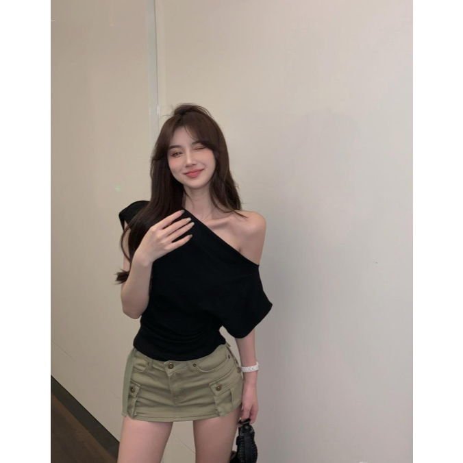 Áo trễ vai nữ cánh rơi áo thun croptop lệch vai chất tăm co giãn kiểu dáng thời trang A185 PANOSI | BigBuy360 - bigbuy360.vn