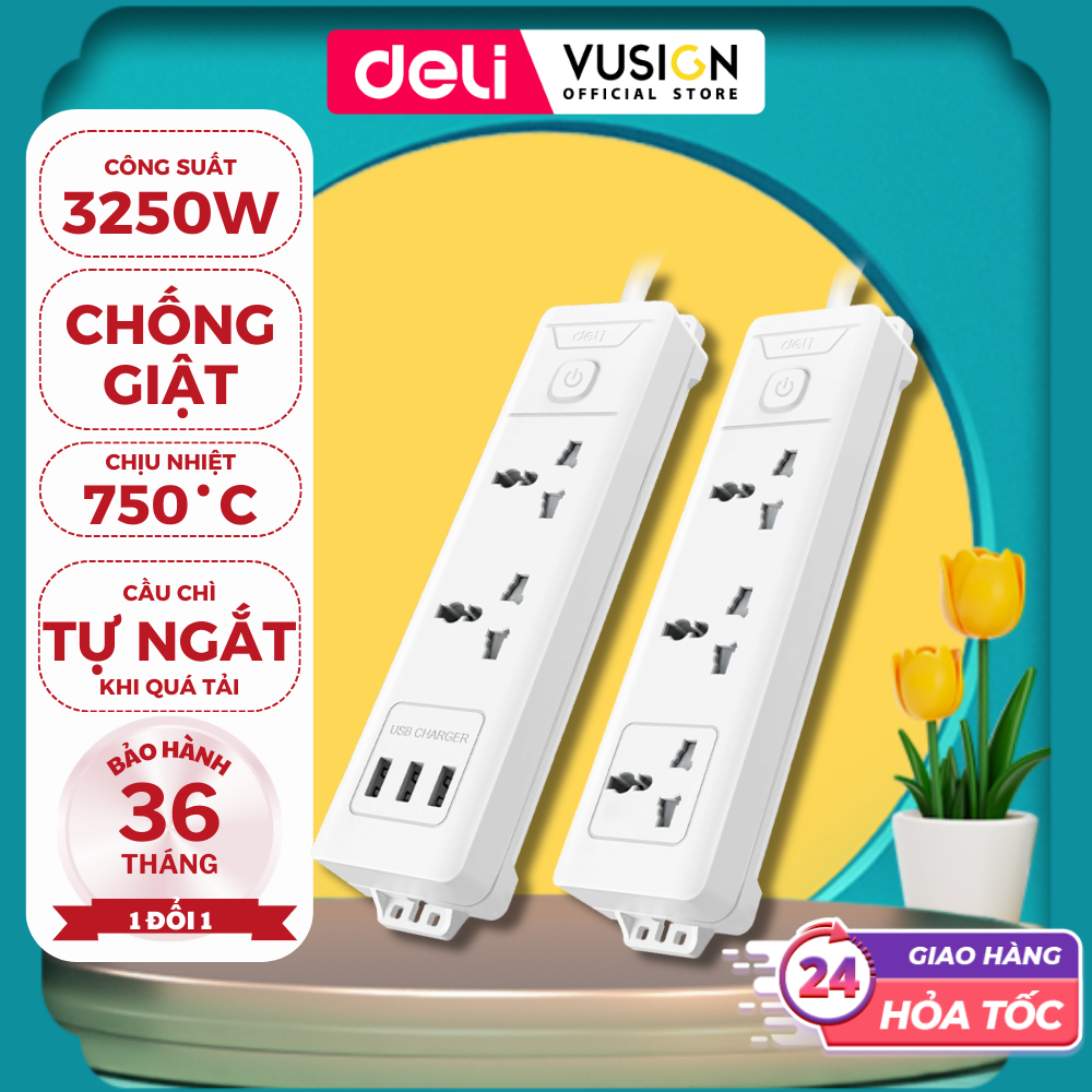 Ổ Cắm Điện DELI từ 2-12 Lỗ Cắm - Tích Hợp Cổng USB Type C Công Suất 2500W - 3250W Chống Giật An Toàn