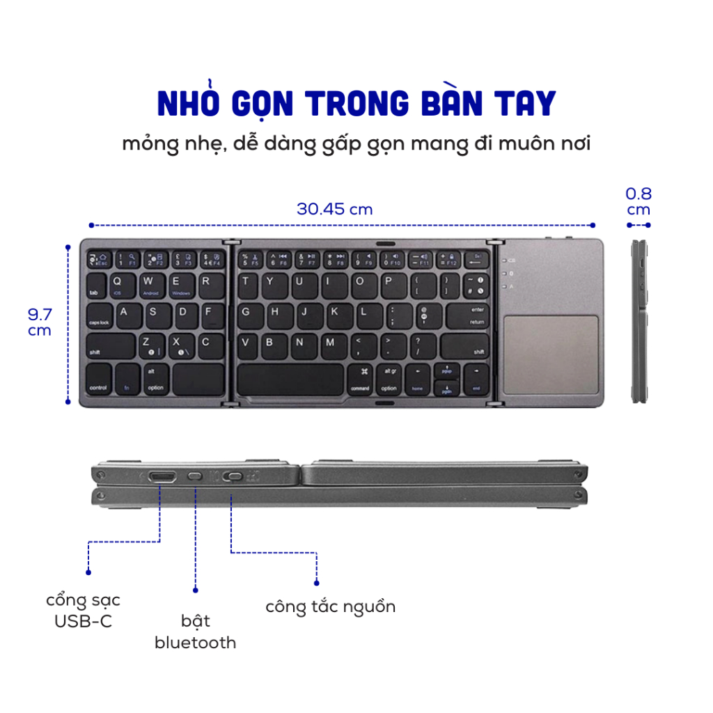 [Bảo Hành 3 tháng 1 dổi 1] Bàn Phím Gập Gọn, Anh Phi Bán Táo, Có Kết Nối Bluetooth mini Kèm Touchpad