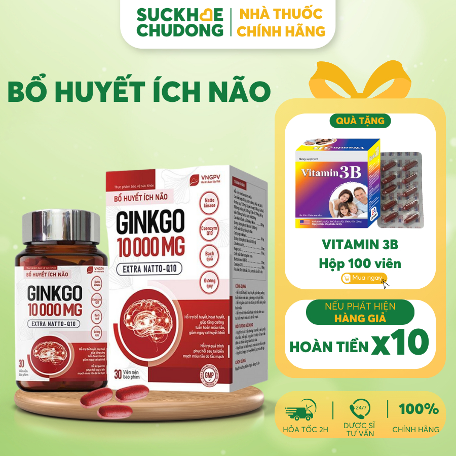 [TẶNG VITAMIN 3B] Bổ huyết ích não GINKGO 10000 MG - giảm đau đầu, mất ngủ, giúp ngủ ngon, tăng cường tuần hoàn máu não