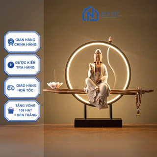 Thác khói trầm hương tượng phật quan âm ngồi kệ gỗ decor đèn led phong thủy an nhiên kèm quà tặng