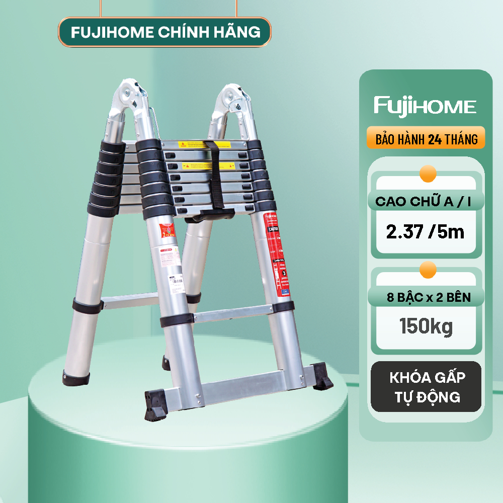 Thang nhôm rút gọn chữ A nhập khẩu FUJIHOME TLA08 chiều cao tối đa 5m - 2x8 bậc - Có khóa chốt