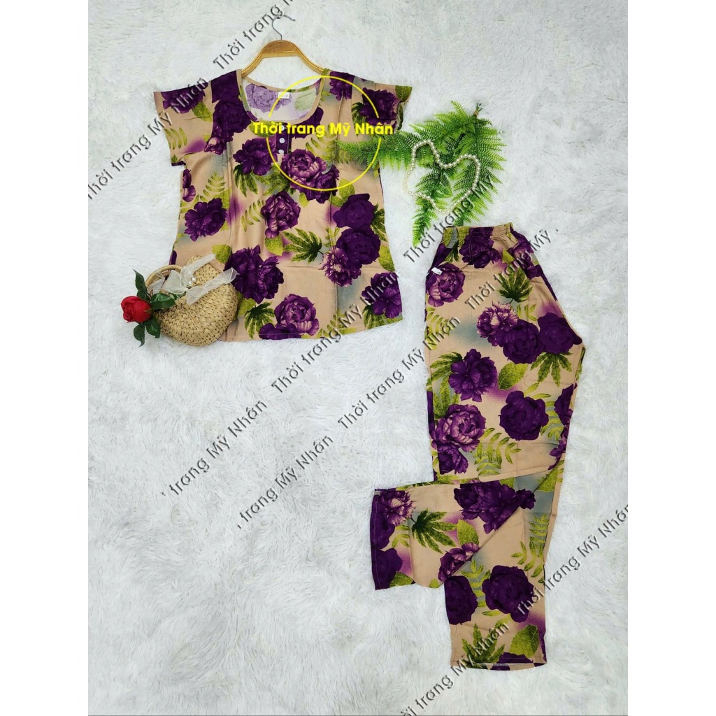 Sét cotton cao cấp quần dài phối cổ tim
