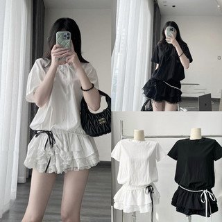 SET ÁO CỔ TRÒN PHỐI REN THẮT NƠ EO KÈM ĐAI NGỌC MIX CHÂN VÁY XÒE BUN222