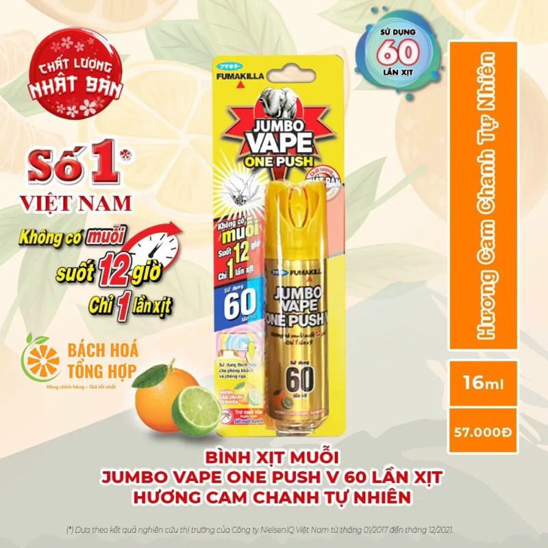 bình xịt muỗi Jumbo One Push 60 lần xịt, không có muỗi suốt 12h chỉ 1 lần xịt