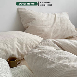 Bộ chăn ga gối Đũi Muji kẻ phong cách Nhật Bản, bộ 4 món Cotton Đũi basic phong cách Wabi-Sabi mềm mát Decor Home