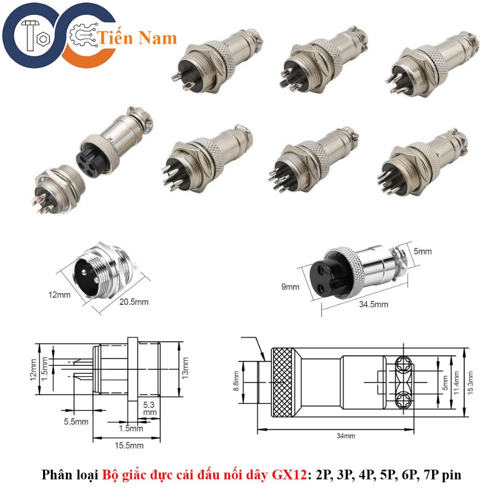 Bộ giắc đực cái đấu nối dây GX12 2P 3P 4P 5P 6P 7P