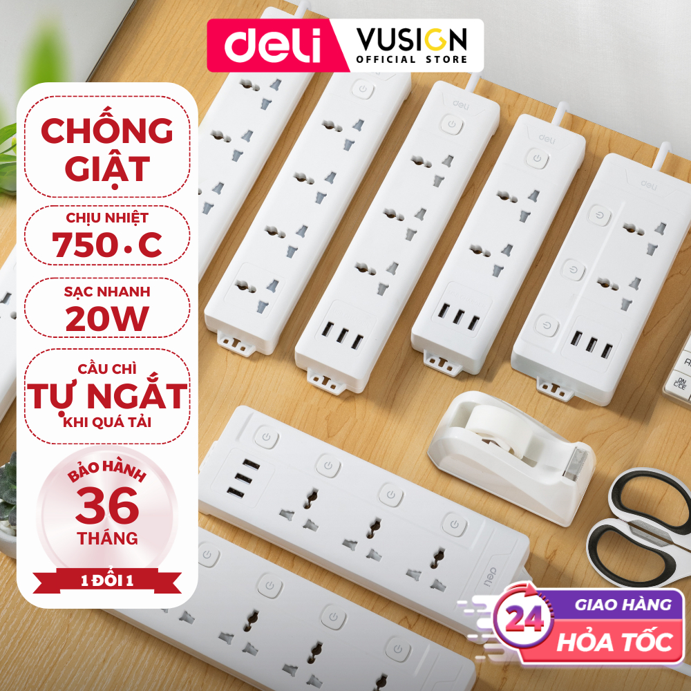 [HỎA TỐC] Ổ Cắm Điện DELI Chống Giật - Cháy 2-12 Lỗ Cắm Có Cầu Chì Công Suất 2500W Có Cổng TypeC USB