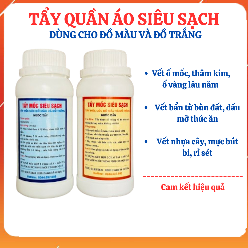 Tẩy Mốc Quần Áo Màu Áo Trắng Tẩy Sạch Mốc Thâm Kim Ố Vàng, Mủ Nhựa Cây Không Lem Màu - Cặp 500ml