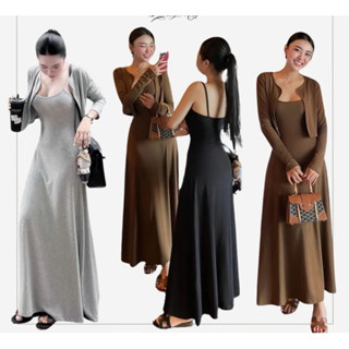 Set Đầm 2 món gồm áo khoác và đầm 2 dây dáng dài xoè tôn dáng bigsize 40kg-80kg (Đ6)