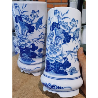 [22-25cm] Ống Cắm Hương, Đựng Nhang Men Lam Trắng Vẽ Sen - Gốm Sứ Bát Tràng