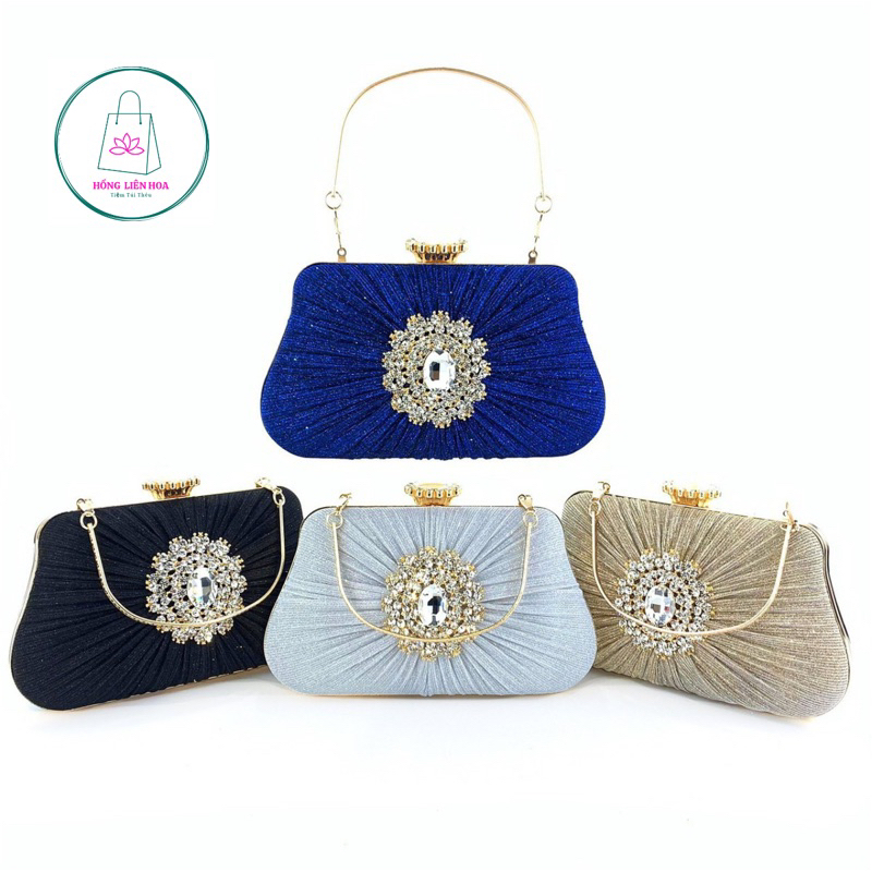 Túi dự tiệc buổi tối vải óng đính hạt đá tròn
