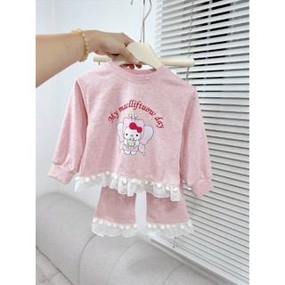 B90 - Bộ quần áo thu đông bé gái hình Kitty vạt ren hạt bông, đồ bộ bé gái dài tay đủ sz 8 -30kg
