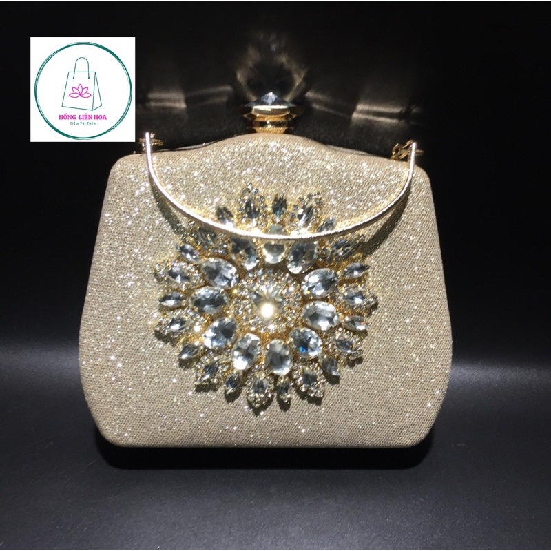 Túi dự tiệc vuông vải óng đính đá tròn sáng - túi đi tiệc buổi tối clutch evening bag