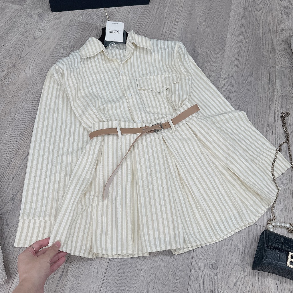 Sét Áo Sơ Mi Kẻ Sọc Mix Chân váy Ngắn Xếp Ly Dáng Jum Liền Thân KÈM ĐAI Thời Trang Hàn Quốc | BigBuy360 - bigbuy360.vn
