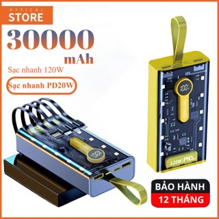Sạc dự phòng 20000 30000MAH sạc nhanh PD120W/20W trong suốt tích hợp 4 dây sạc tích hợp đèn led chiếu sáng
