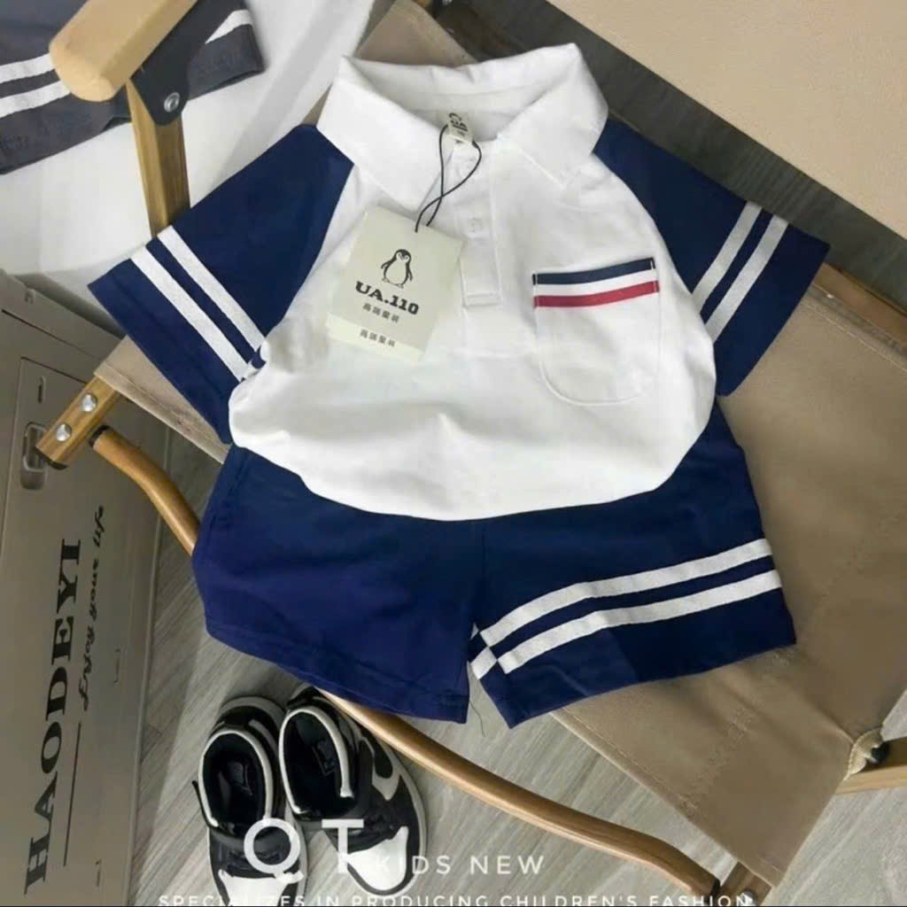 Bộ đồ bé trai,Quần áo trẻ em , Set cộc ay cotton phối viền cực kì đáng yêu, Đồ bộ bé trai-----MÃ POLO TRẮNG PHỐI XANH