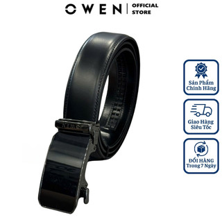 Thắt lưng da bò nam OWEN BELT232635 dây nịt bụng cao cấp màu đen trơn mặt khóa trượt tự động không phồng rộp bong tróc
