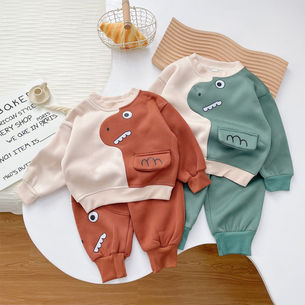 Bộ Nỉ Dài Tay In Miệng Khủng Long, Bộ Thu Đông Chất Nỉ Bông Cho Bé Trai, Bé Gái Từ 8-19kg - LILA KIDS
