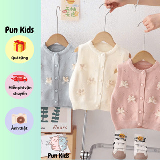 Áo gile len thu đông len mềm đính sáu nơ thỏ dễ thương màu hồng, màu be cho bé gái từ 7-17kg AMĐ55