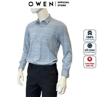 Áo sơ mi nam dài tay OWEN AR240624DT somi công sở cao cấp màu xanh nhạt kẻ caro chất nano dáng suông tà lượn có túi