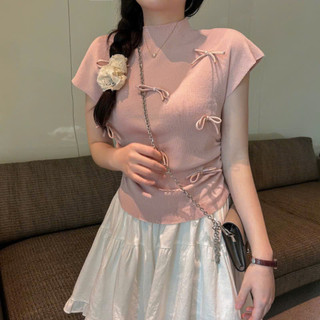 Áo len tay ngắn  áo len cổ lọ tay hến đính nơ rúm eo chất len dệt kim mềm mại không xù hàng QCCC loại 1 - 082 