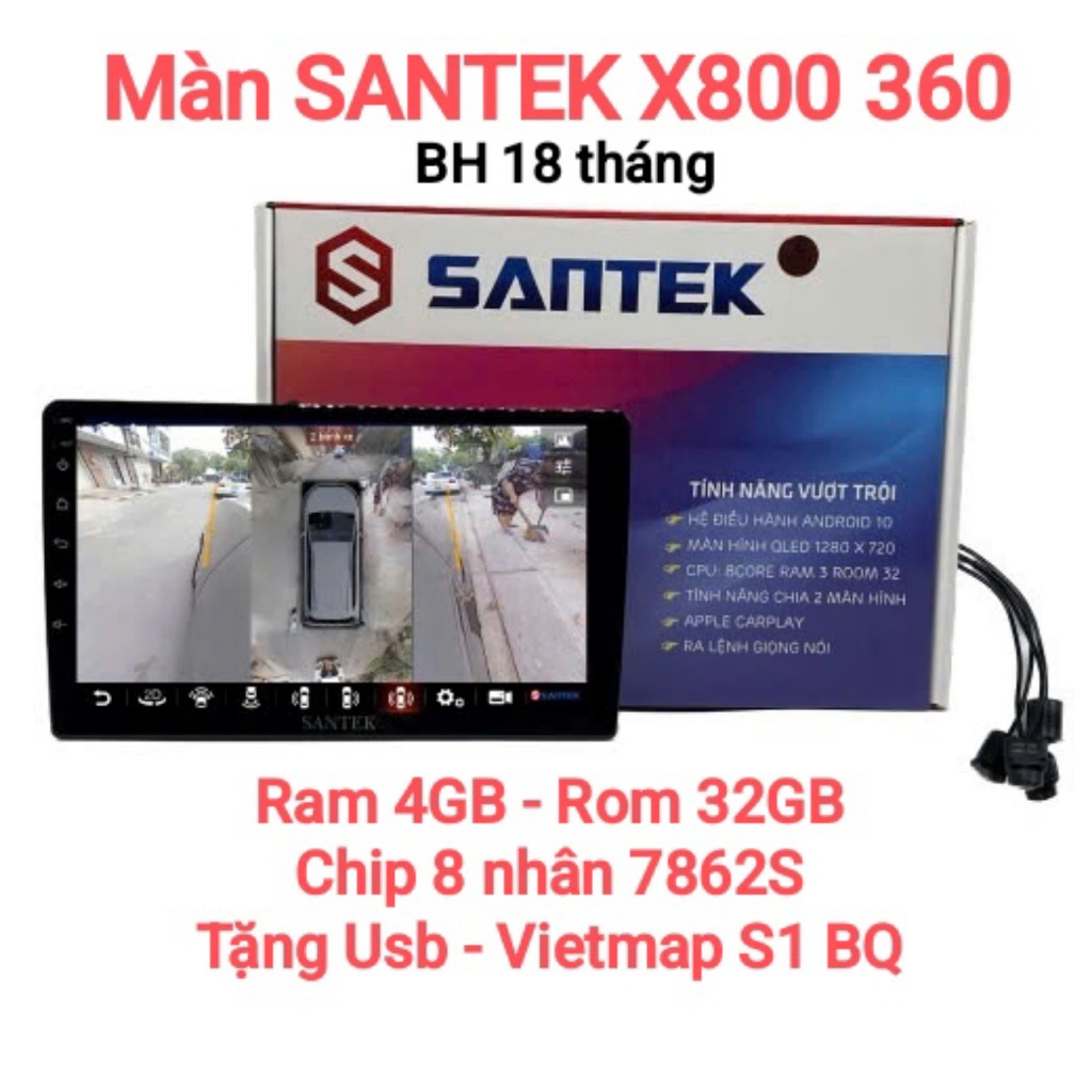 (BH 18 tháng) Màn hình Android Santek X800 360 liền camera toàn cảnh 360 tặng USB, vietmap S1 S2, hư