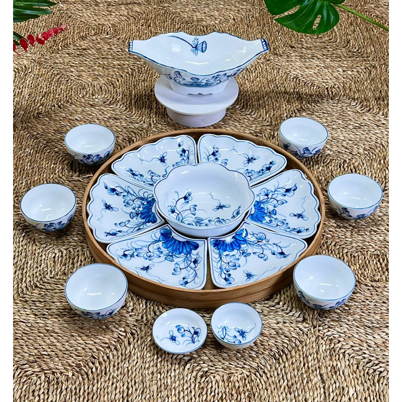 Bộ bát đĩa sen chuồn xanh thờ cúng, sứ Bát Tràng, xếp tròn đường kính 38,45,54cm