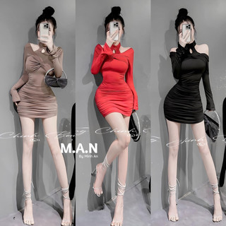 Váy body dài tay, thiết kế cổ yếm phối trễ vai quyến rũ, tôn dáng, chất co giãn, hàng Minh An