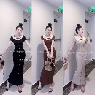Đầm body dáng dài cổ bèo thêu cực xinh tiểu thư tôn dáng
