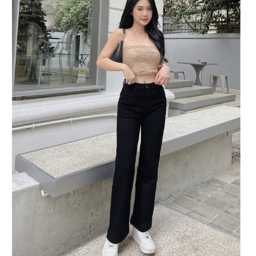 Quần Jeans Ống Đứng Nữ Bigsize Cạp Cao Co Giãn 4 Chiều Chất Bò Giấy Màu Đen May Gấu - Quần Đi Học