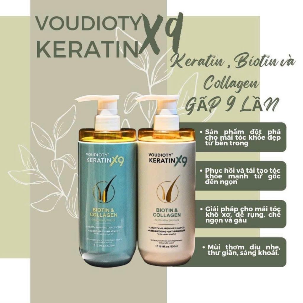 Bộ dầu gội xả Voudioty Keratin X9 Biotin & Collagen 500ml – 960ml tái tạo, hỗ trợ phục hồi cho tóc khô, mọc tóc
