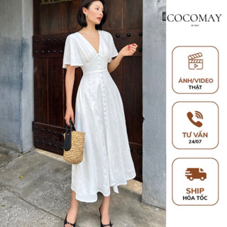 COCOMAY Đầm cổ V vải hoa nổi tay và thân xoè dịu dàng nút bọc thủ công Nữ Women Dress màu trắng