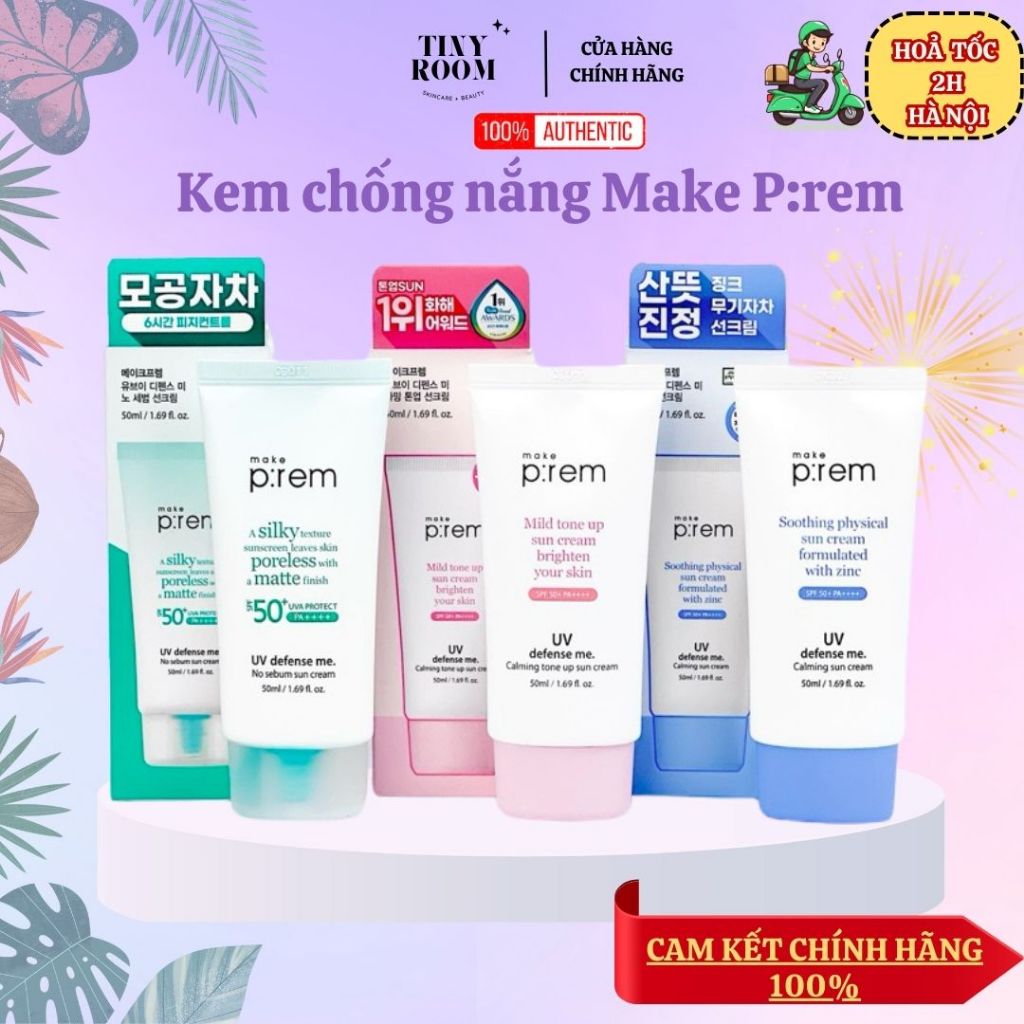 Kem Chống Nắng Make Prem Nâng Tone, Kiềm Dầu UV defense me Make Prem SPF 50+ PA++++ 50ml Tiny Room