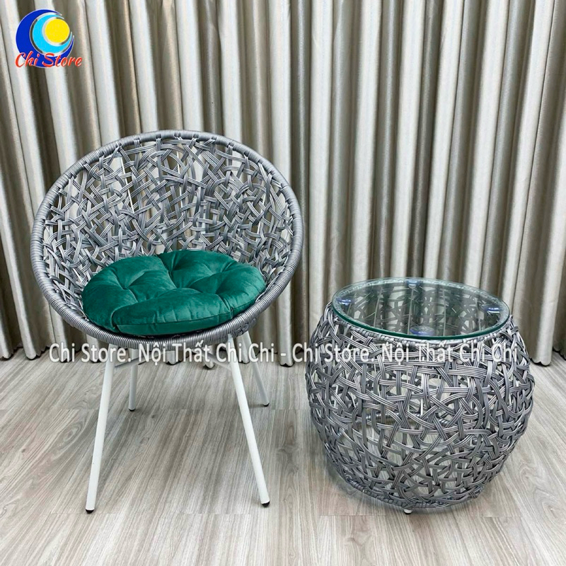 Bàn Ghế Ngồi Uống Trà Nhỏ Gọn Mặt Kính Ngồi Ban Công Sân Vườn Bằng Nhựa Giả Mây Khung Kim Loại