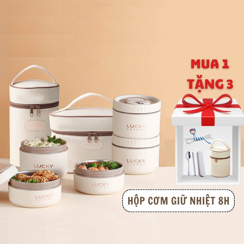 Hộp đựng cơm giữ nhiệt văn phòng lúa mạch Lunch box 3 tầng Inox 304 chống gỉ cao cấp, sang trọng, bả