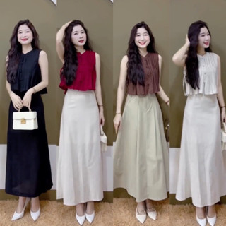 DL33- sét váy nữ, áo xếp ly nút bọc form xòe, chân váy mango dáng dài